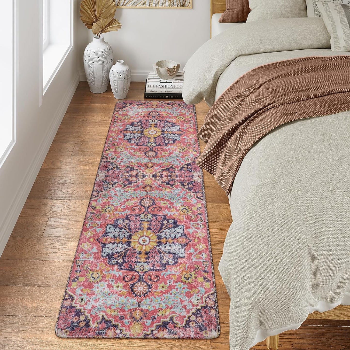 Lahome Bohemian Floral Medallion Runner Rug - 2x6 Hot Pink Hallway Runner Laundry Mat, Machine Washable Non-Slip Soft Indoor Carpet for Bathroom Bedside Basement Camper Home Decor, Fuchsia/Multi