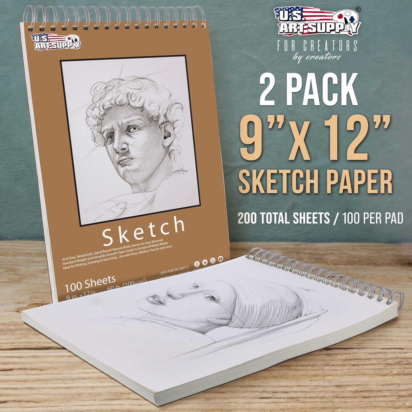 U.S. Art Supply 9"x12" Top Spiral Bound Sketch Book, 2 Pack, 100 Sheets Each, 60lb (100gsm), Acid-Free, Artist Sketchbook, Drawing Pad for Adults & Students