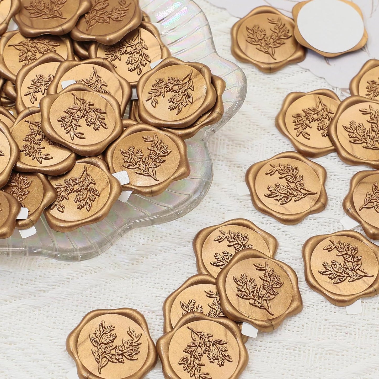 SWANGSA 50 Sets Wedding Invitations Wraps, Vellum Jackets for 5x7 Invitations & Self Adhesive Antique Gold Eucalyptus Wax Seal Stickers for Wedding Bridal Baby Shower Birthday Envelopes (White Rose)