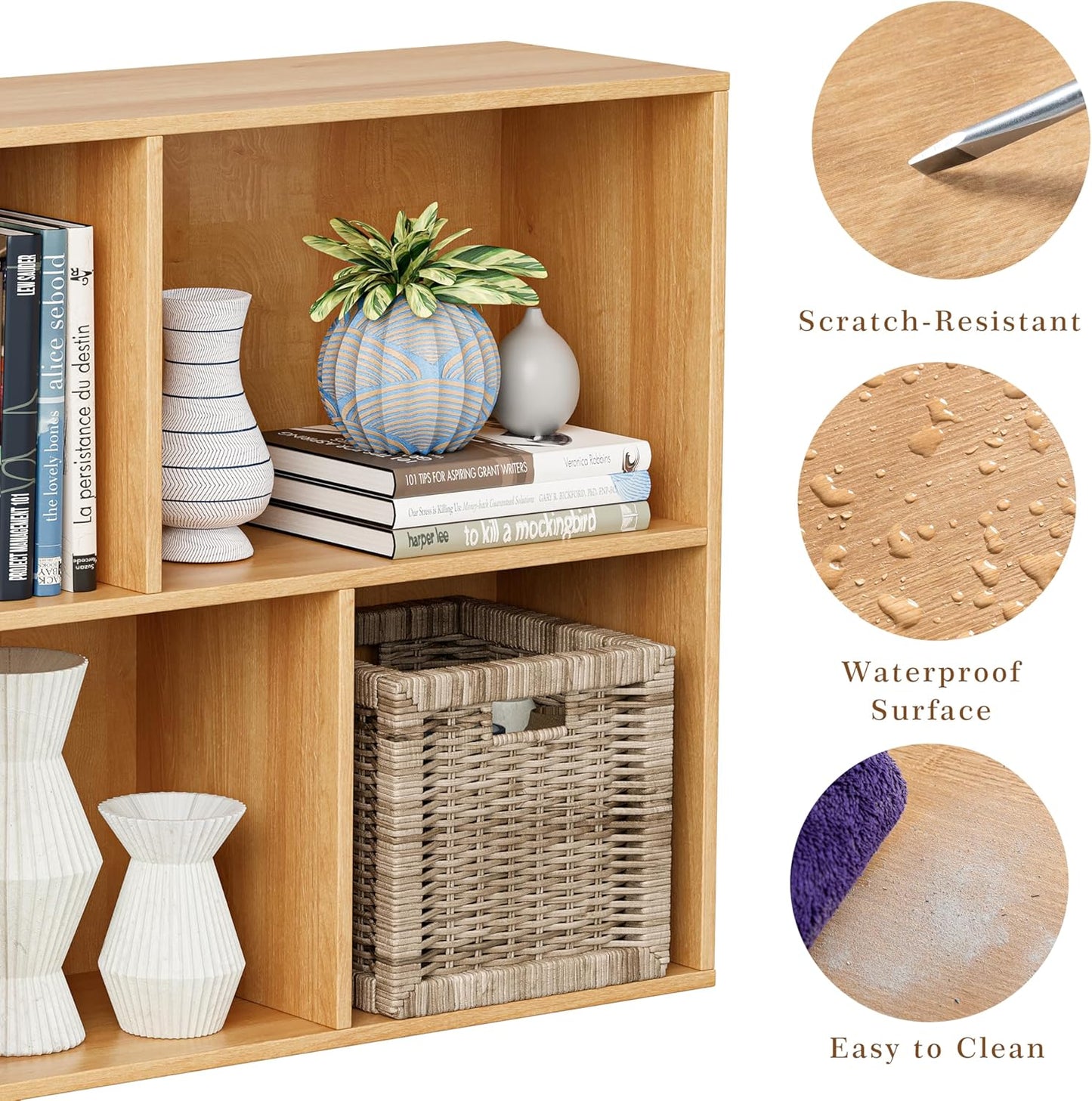 Wooden Cube Storage Organizer with Closed Back Panel, 11in Cube Shelf Opening, Bookshelf, Display Shelf,Closet Cabinet for Home and Office (Natural Oak, 5-Cube 35.98L*9.45W*24.09H)