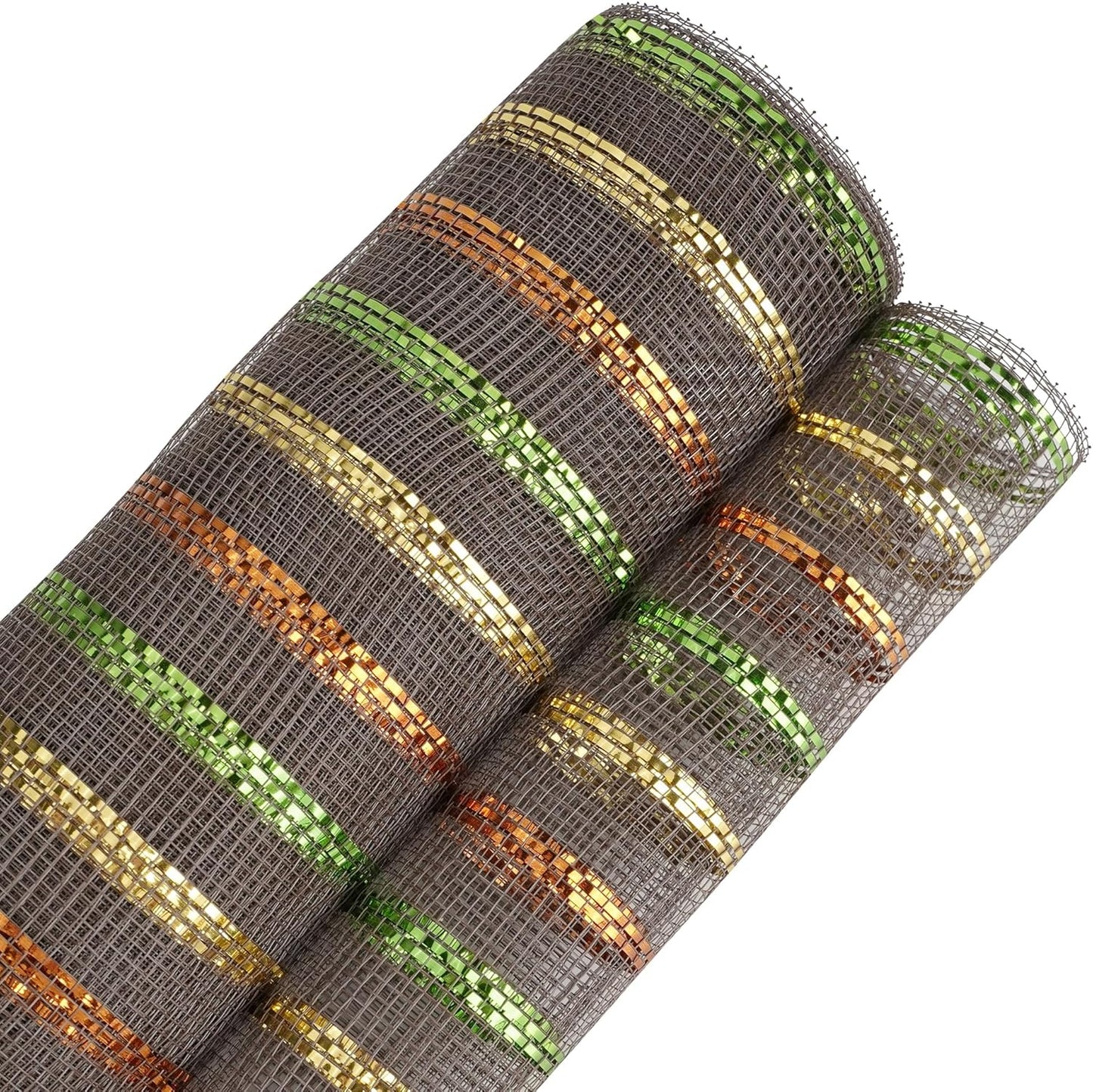 MEEDEE Fall Deco Mesh 10 Inch Rolls Brown Basic Mesh with Deluxe Wide Foil Orange & Yellow & Lime Metallic Striped Deco Mesh for Wreaths, Garland, Christmas Tree, Gift Wrapping, Bows Making (30 Feet)