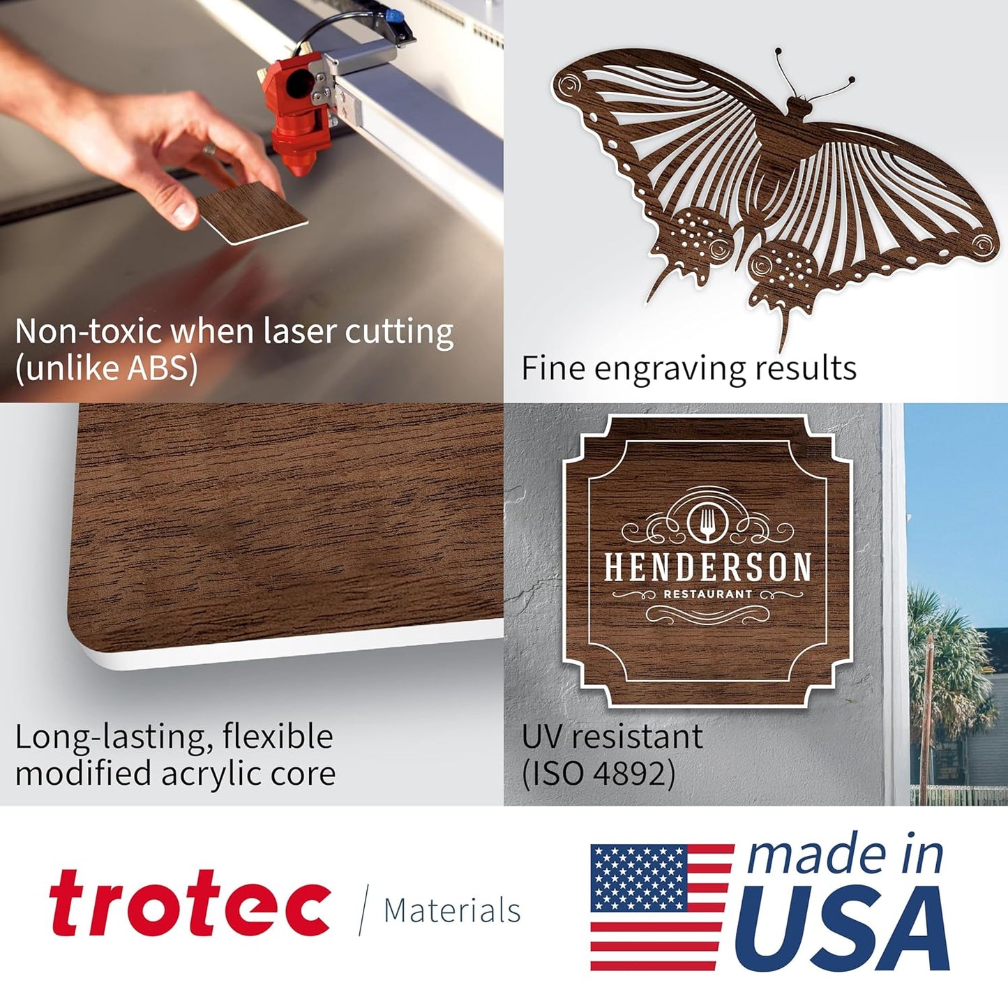 Trotec TroLase | 12"x12"x1/16", 8 Pcs | English Walnut/White | 2 Ply | Modified Acrylic | Laser Engraving Double Color Plastic Sheet | Engraving Blanks for Laser, Saw, Guillotine | Made in USA