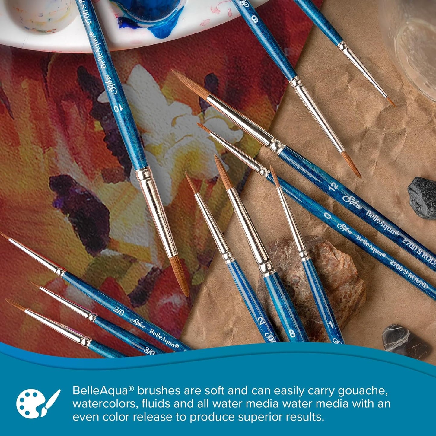 Silver Brush Limited 2802ST-8 BelleAqua Short Handle Bright Travel Brush with Soft Red Sable Synthetic Bristles, Professional Artist Watercolor Brush, Also for Acrylic, Gouache, Inks, & Dyes, Size 8