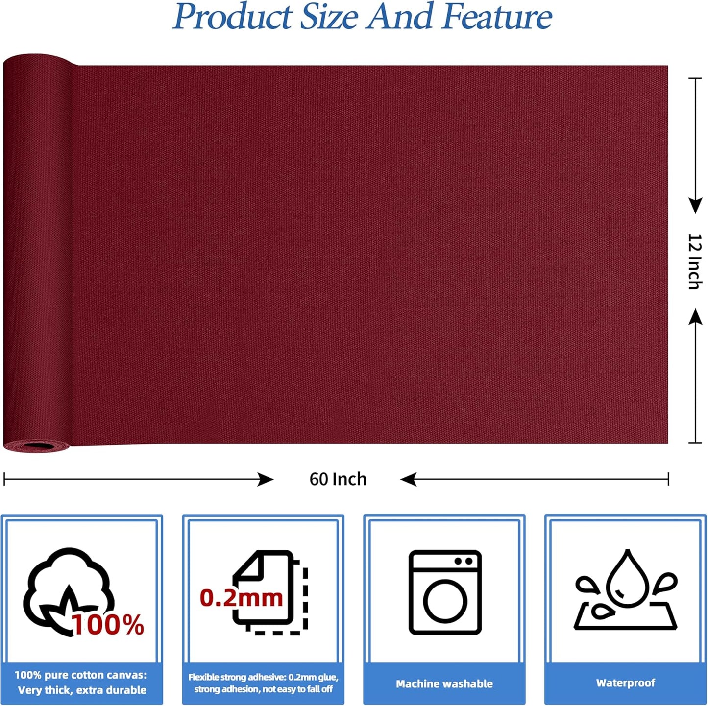 KING MOUNTAIN Canvas Iron on Patch,12"×60",Waterproof 100% Cotton Fabric Repair Patch,Used for Various Sofa,Tent,Clothes,Seats,Suitcases (Burgundy,Waterproof)