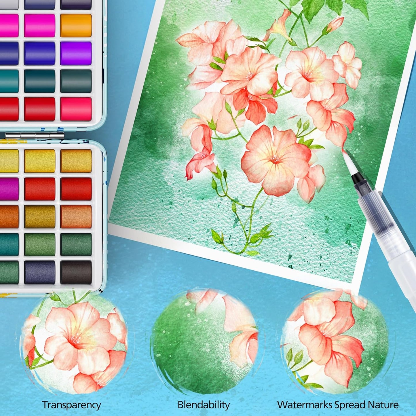 Caliart Watercolor Paint Set, 168 Colors Portable Travel Water Color Palette Kit with Detail Painting Brush, Art Supplies Christmas Gifts for Artists Adults Painters Beginners