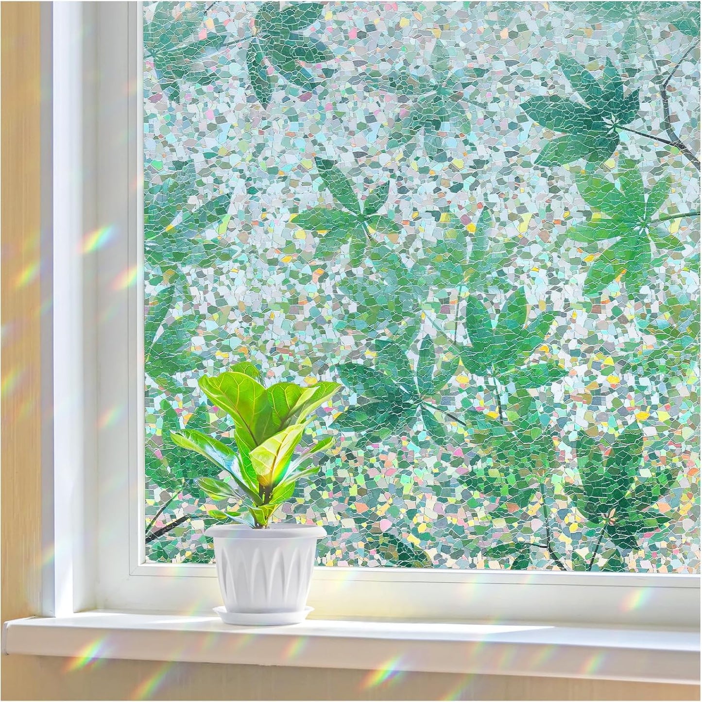Haton Window Privacy Film, Decorative Stained Glass Window Clings, 3D UV Sun Blocking Sticker, Removable Static Cling Heat Control Tint for Home Door, Leaf Rainbow, 23.6" x 157.4" Non-Adhesive