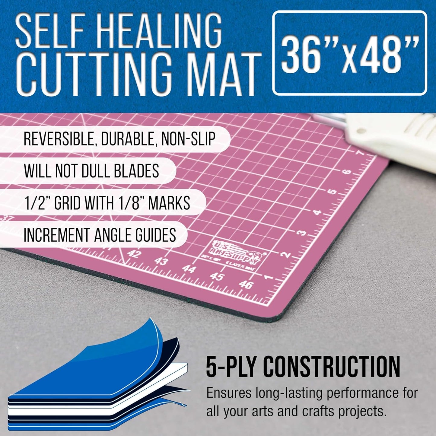 U.S. Art Supply 36" x 48" Self-Healing Cutting Mat 5-Ply - Double-Sided Pink/Blue Craft Mat, Non-Slip Cutting Mats for Crafts, Sewing, Quilting, Scrapbooking