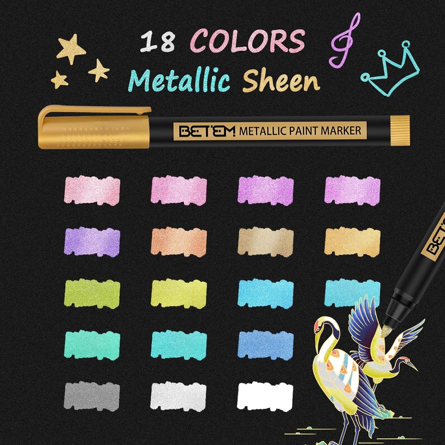 Betem Metallic Paint Markers, 18 Colors Acrylic Paint Metallic Markers for Black Paper, 2mm Medium Tips Glitter Pens Scrapbooking Supplies, Pumpkin Painting Kit for Rock Painting, Cards, Photo Albums