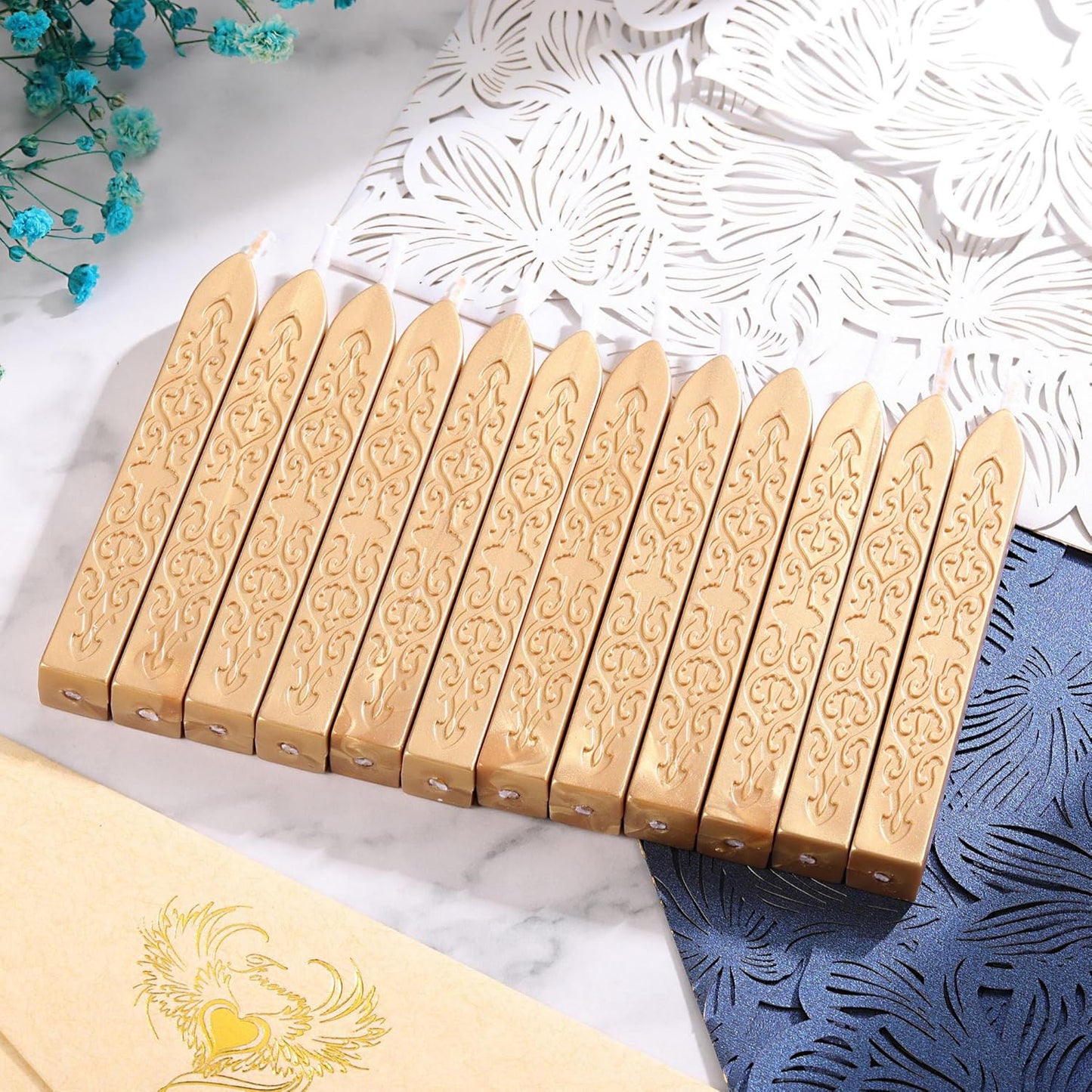 Yoption 12 Pcs Metallic Light Gold Sealing Wax Sticks with Wicks for Wax Seal Stamp, Wedding Invitations, Gift Wrapping, Christmas