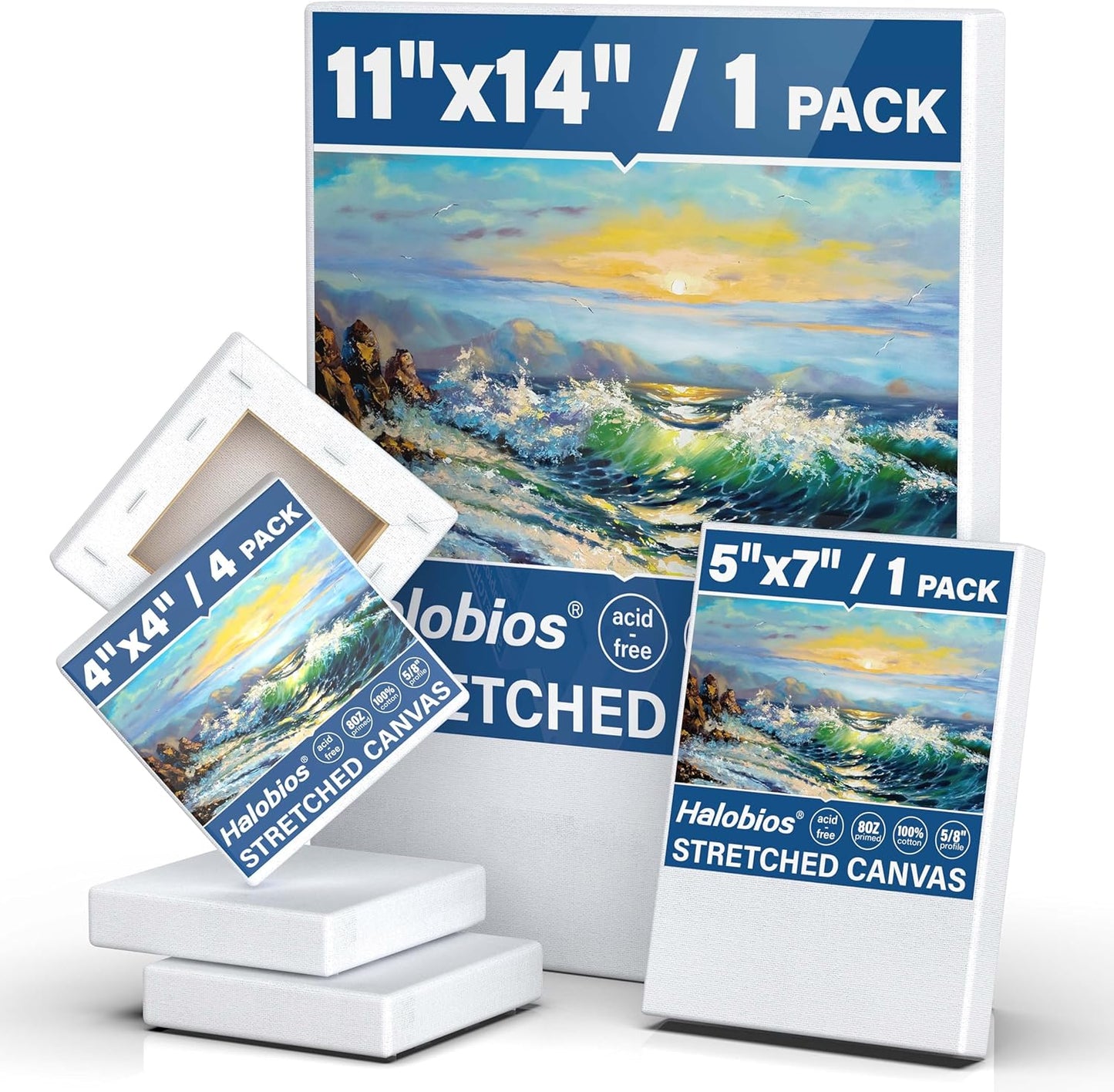 6 Packs Stretched Canvases for Painting with 4x4in, 5x7in, 11x14in Canvas, Blank Canvases for Acrylics, Oils & Other Painting Media, 5/8 Inch Profile 100% Cotton Artist Framed Canvas