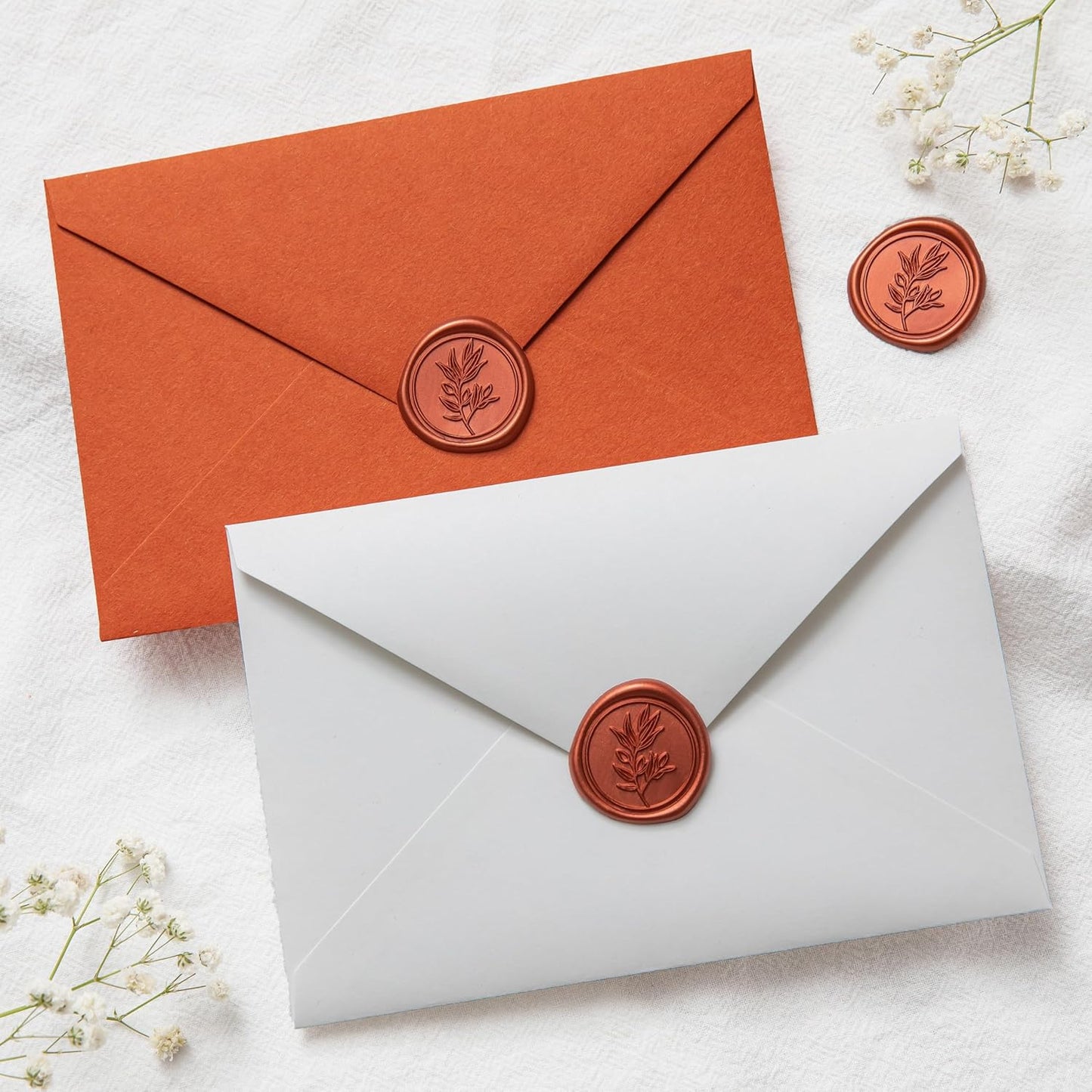 PONATIA 50PCS Terracotta Orange Wax Seal Stickers - Eucalyptus Design Self- Adhesive Stickers Perfect for Wedding Invitation, Envelopes, Christmas Cards, Menu, Vellum Jackets Decoraction