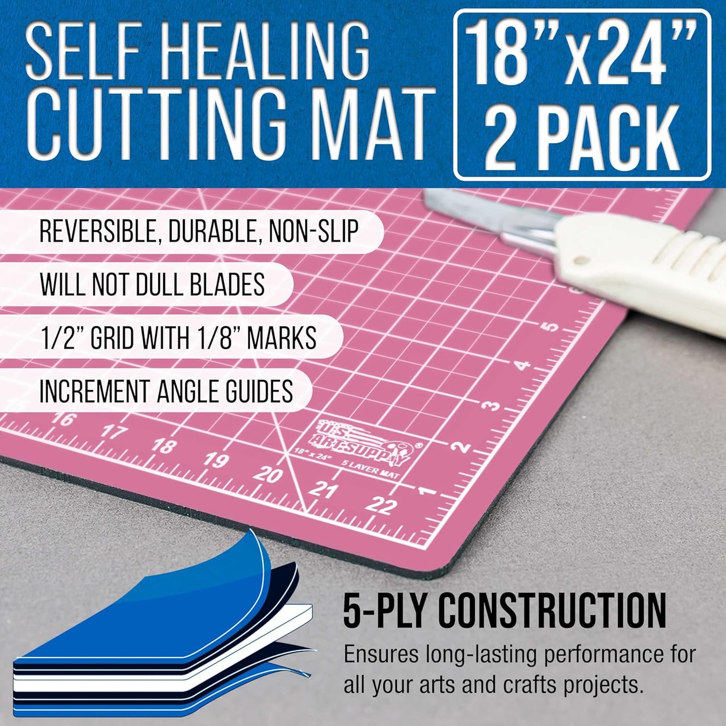 U.S. Art Supply 18" x 24" Self-Healing Cutting Mat 5-Ply (2 Pack) - Double-Sided Pink/Blue Craft Mat, Non-Slip Cutting Mats for Crafts, Sewing, Quilting, Scrapbooking