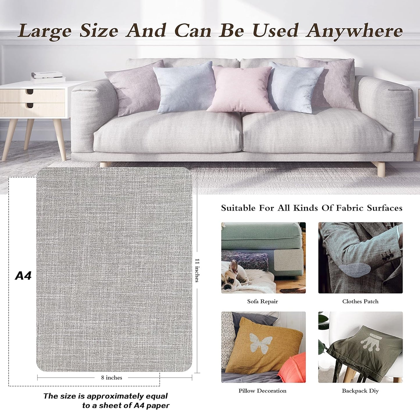 Fine Linen Repair Patches, Self-Adhesive Linen Fabric Patches, 8X11 inch Extra Size, Multi Color, Can be Used for Linen Sofa Repair and Linen Clothes Repair(8" x 11", Light Grey 2.0)