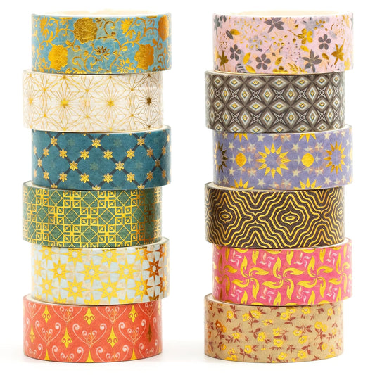 12 Rolls Charming Washi Tape Set Gold Silver Foil Detailing Arts Adhesive Tapes Basic Patterns Decorative Masking Tape Sets for Craft, Kids, Scrapbook, DIY, Gift Wrapping (Golden Galaxy)