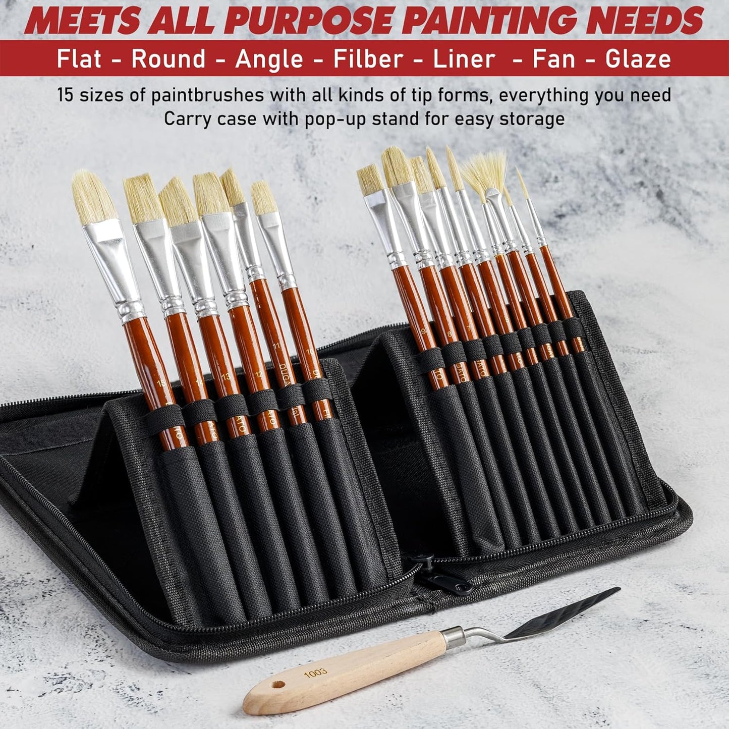 DUGATO Artist Paint Brush Set (15pc) - Short Handle Hog Bristle Brushes for Oil, Acrylic, Gouache, Watercolor - Includes Pop-Up Case, Palette Knife & Sponges - Professional Art Supplies