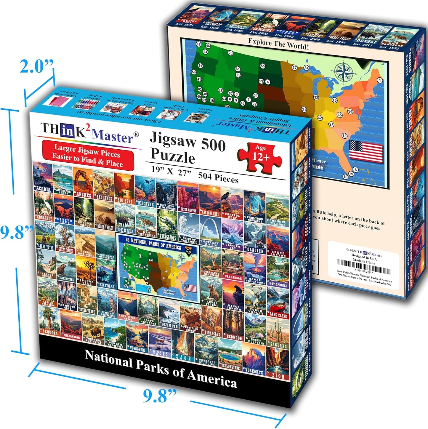 Think2Master Colorful Vintage USA National Parks 500 Pieces Large Format Jigsaw Puzzle for Kids 12+, Teens, Adults & Families. Great Gift for People Interested in Traveling. Size: 26.8” X 18.9”