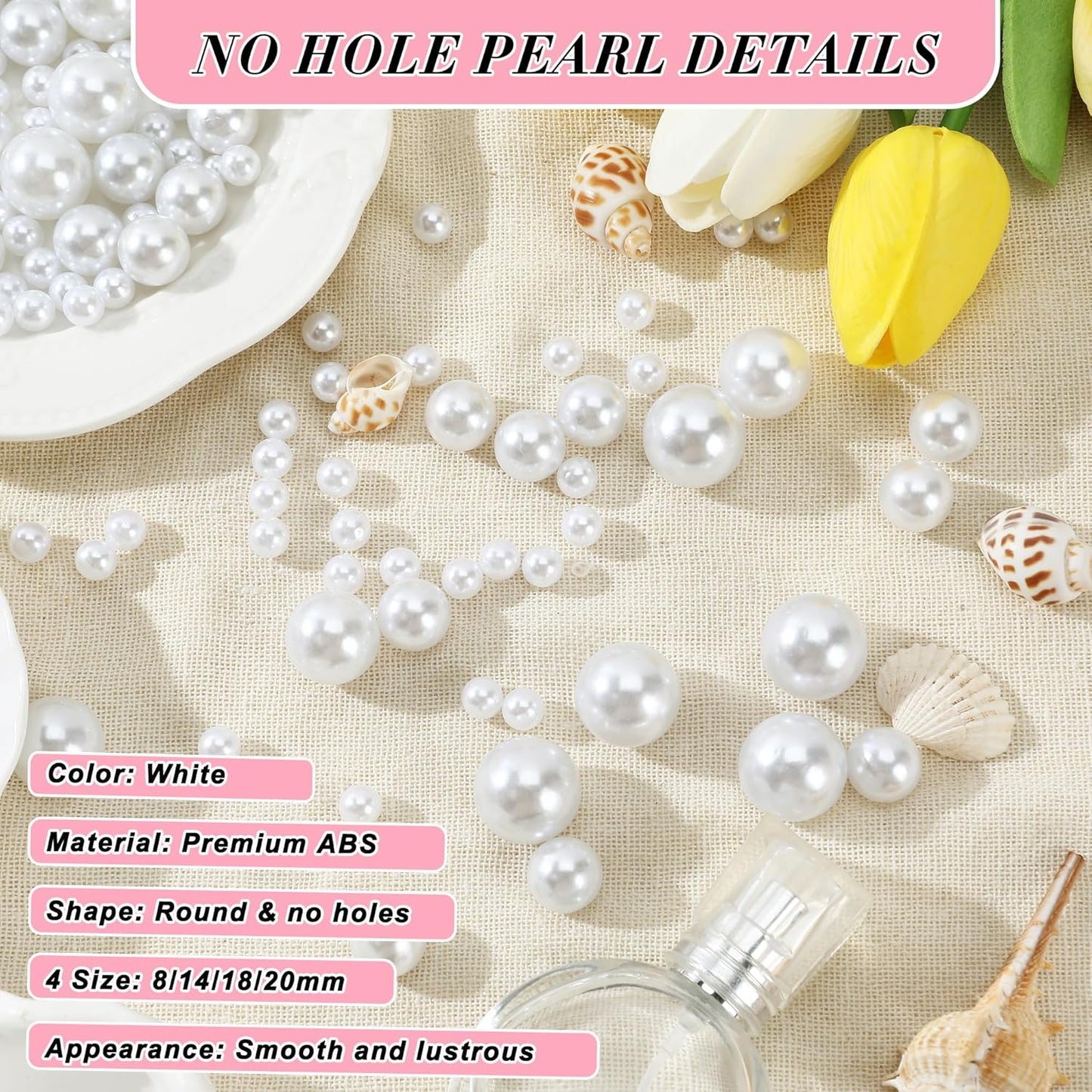 Pearl Beads No Hole Pearls for Crafting 180 Pcs Fake Pearls Bulk Faux Pearls for DIY Crafts Jewelry Making Vase Filler Floating Candle Wedding Birthday Party Home Decorations (Ivory, 8/10/14/20mm)