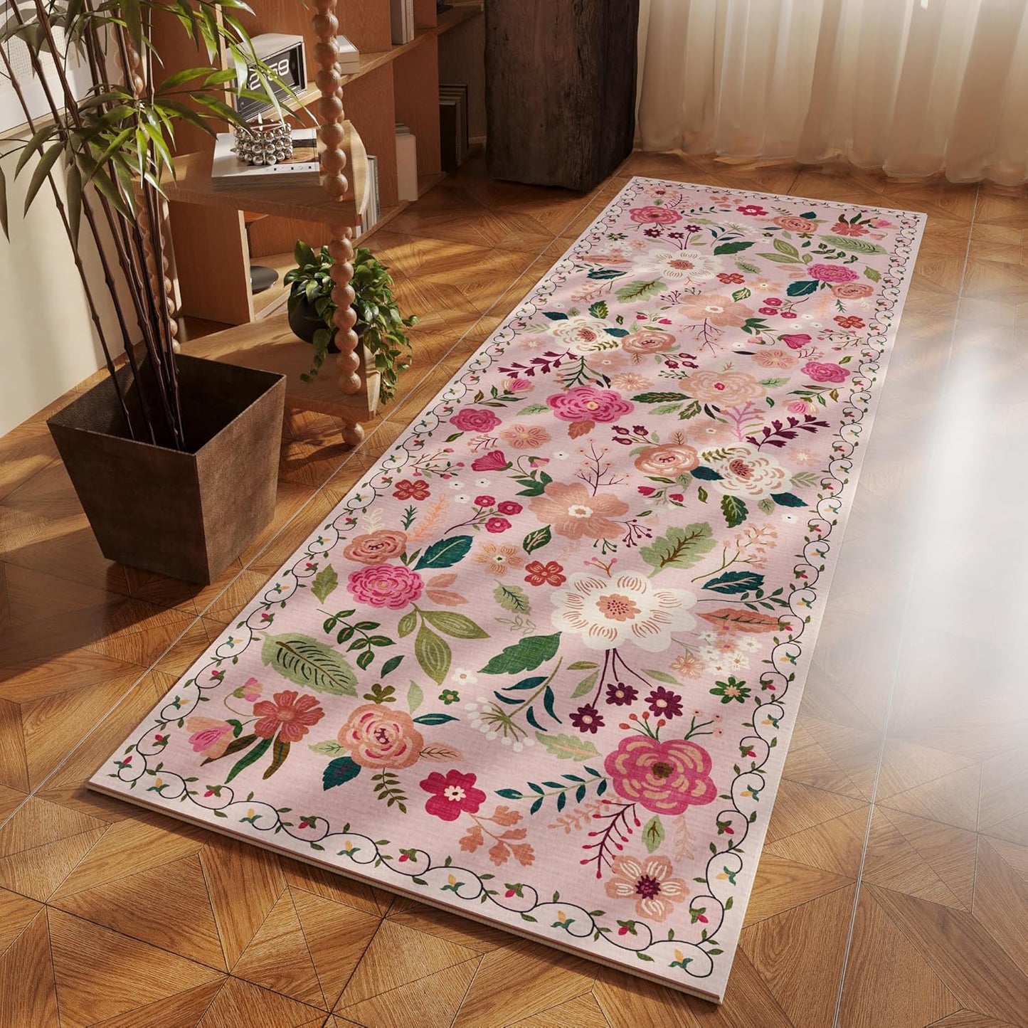 Rugcomf Runner Rug for Hallways Kitchen Rug Non Slip 2'6''x8' Washable Runner Rugs with Rubber Backing Soft Floral Carpet Runner for Hallways, Kitchen, Laundry, Bedroom, Bathroom(Pink)