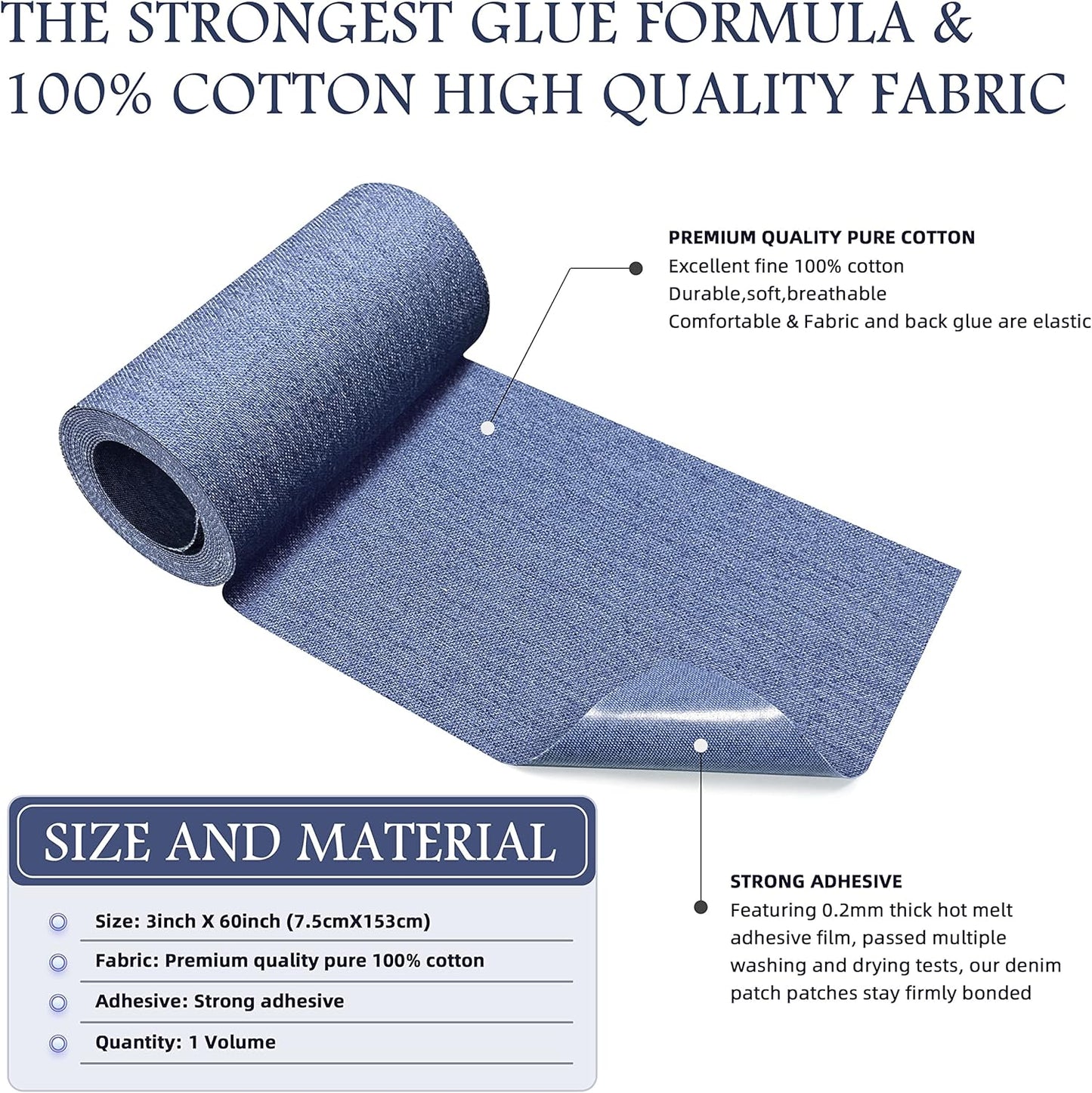 KING MOUNTAIN Iron-on Repair Patch,3"x60"100% Cotton Denim Iron-on Repair Patch, Jeans and Clothing Repair and Decoration Kit (Sky Blue)