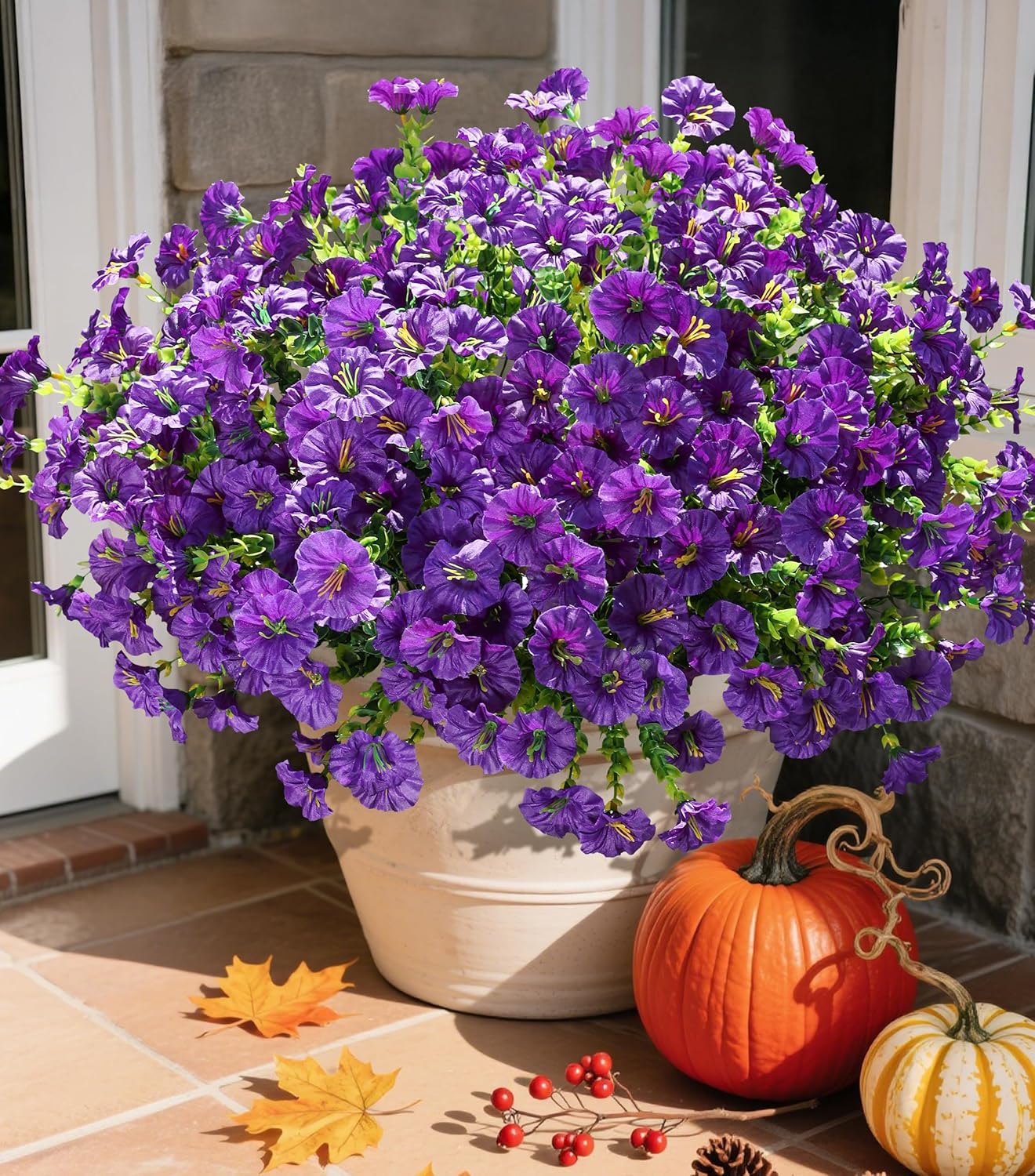 Artificial Flowers Fake Plants for Outdoors Decoration, 12 Bundles Purple Silk Morning Glory with Eucalyptus Realistic UV Resistant Faux Flowers Greenery for Outside Planter Yard Garden Home Indoor