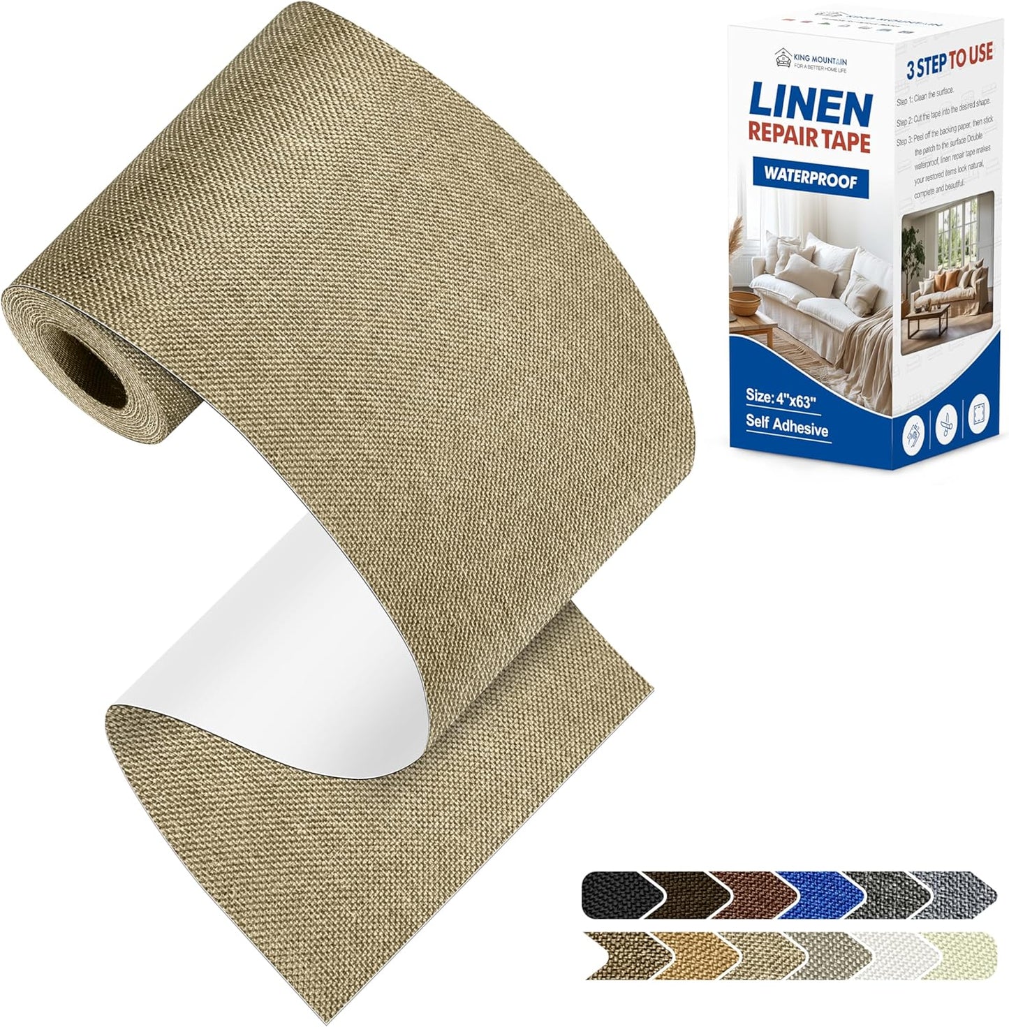 KING MOUNTAIN Linen Repair Patches, Self-Adhesive Linen Fabric Patches, 4 X 63 inch Extra Size, Multi Color, Can be Used for Linen Sofa Repair and Linen Clothes Repair (Flaxen)