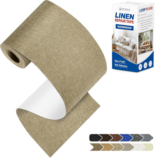 KING MOUNTAIN Linen Repair Patches, Self-Adhesive Linen Fabric Patches, 4 X 63 inch Extra Size, Multi Color, Can be Used for Linen Sofa Repair and Linen Clothes Repair (Flaxen)