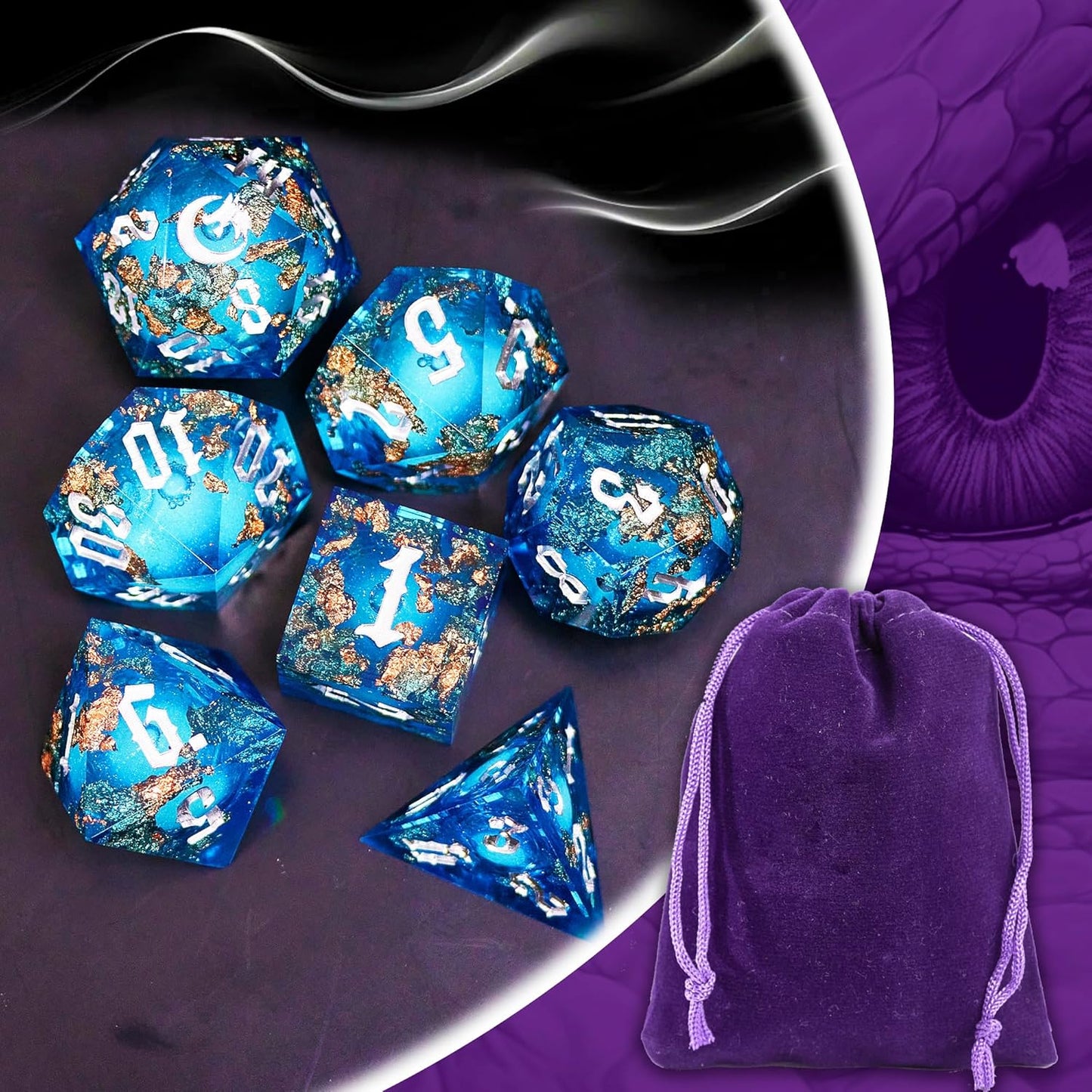 The Moon of Mystery Liquid Core DND Dice Set – Unique Resin Dice for Dungeons & Dragons – Blue Galaxy Moon Dice Set for D&D Gifts