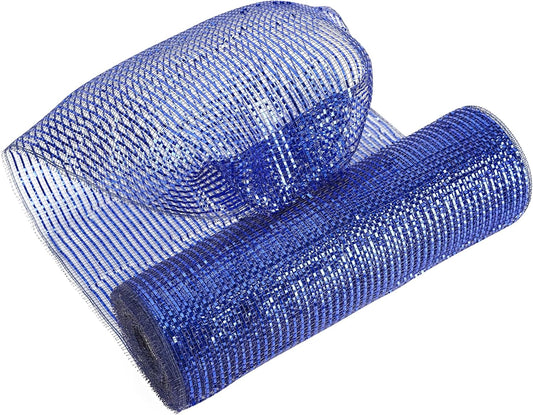 MEEDEE Navy Deco Mesh 10 Inch Deluxe Wide Foil Metallic Royal Blue with Navy Poly Mesh Navy Blue Mesh Ribbon for Christmas Tree, Wreaths, Garland, Gift Wrapping, Bows Making (30 Feet)