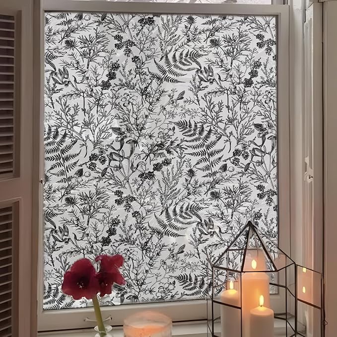 Winter Translucent Stained Window Film, Non Adhesive Floral Window Decals, Glass Door Covering Clings for Home Decorative, 16.93" W Engraved Monochrome Fern