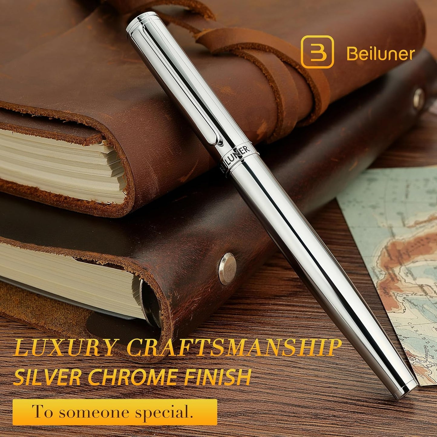 BEILUNER Luxury Silver Rollerball Pen, Stunning Bright Silver Chrome Finish,Noble and Elegant Designs,Schneider Ink Refill, Best Gift Pen for Men & Women, Professional, Executive Office, Fancy Pens