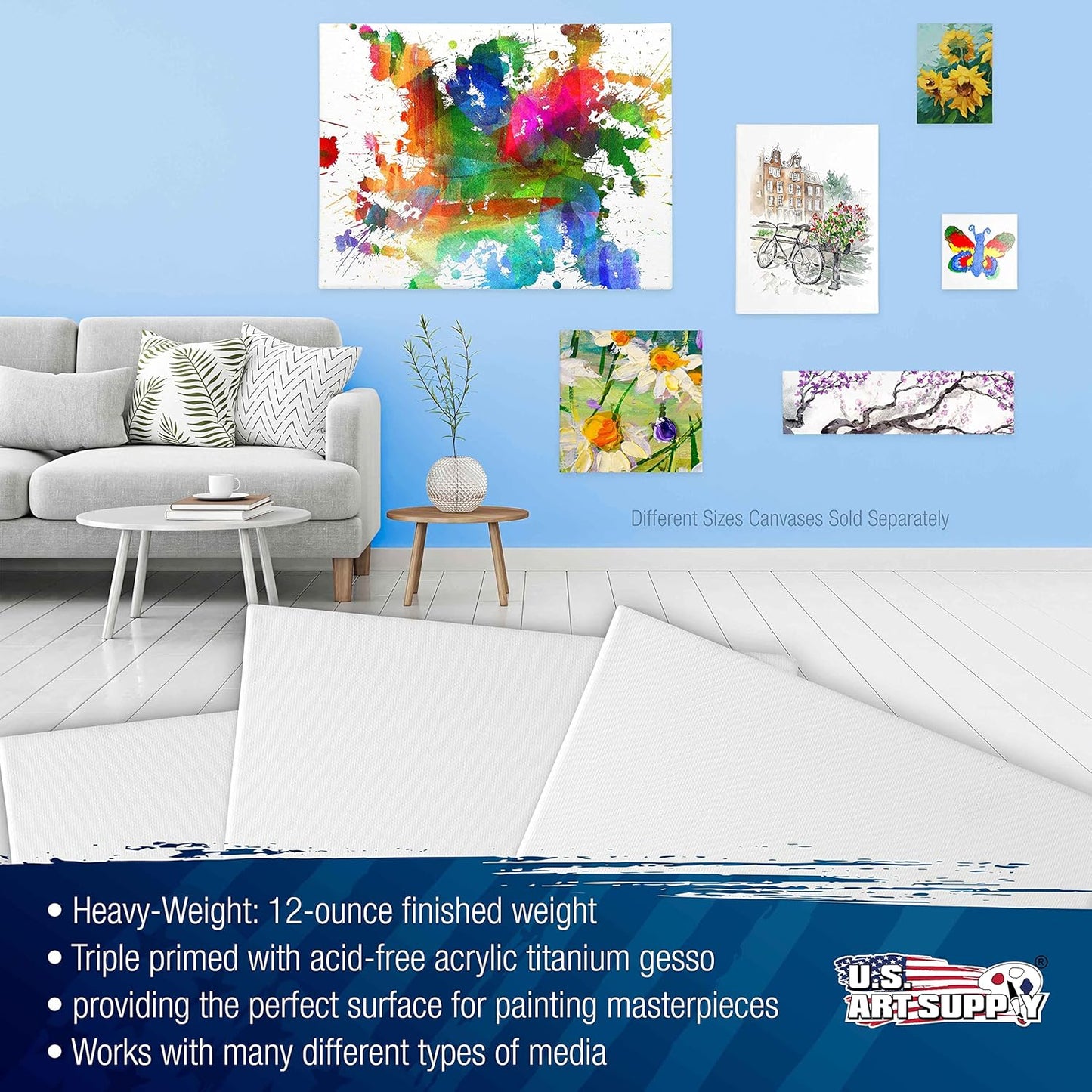 U.S. Art Supply 20 x 20 inch Stretched Canvas 12-Ounce Triple Primed, 3-Pack - Professional Artist Quality White Blank 3/4" Profile, 100% Cotton, Heavy-Weight Gesso - Acrylic Pouring, Oil Painting