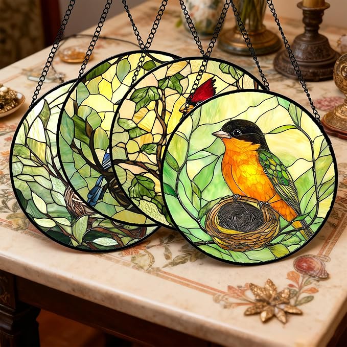 Stained Glass Window Hanging 4 Pcs Set Bird Theme On Branch Large 11.8" - Cardinal Suncatcher Door Garden Sun Catcher Decor Birthday Christmas for Mom Woman Nana Men