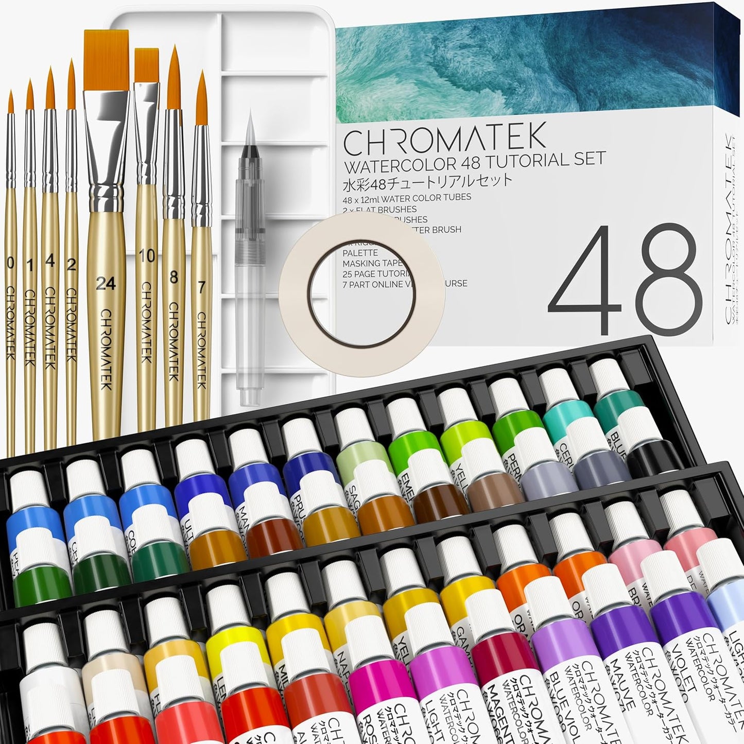 CHROMATEK Watercolor Paint Set, 84 Piece Kit, Video Tutorial Course, 48 Tubes, from Beginner to Intermediate & Professional Artists, Paper, 8 Brushes, Palette, Aquapen, Masking Tape, 12ml Tubes