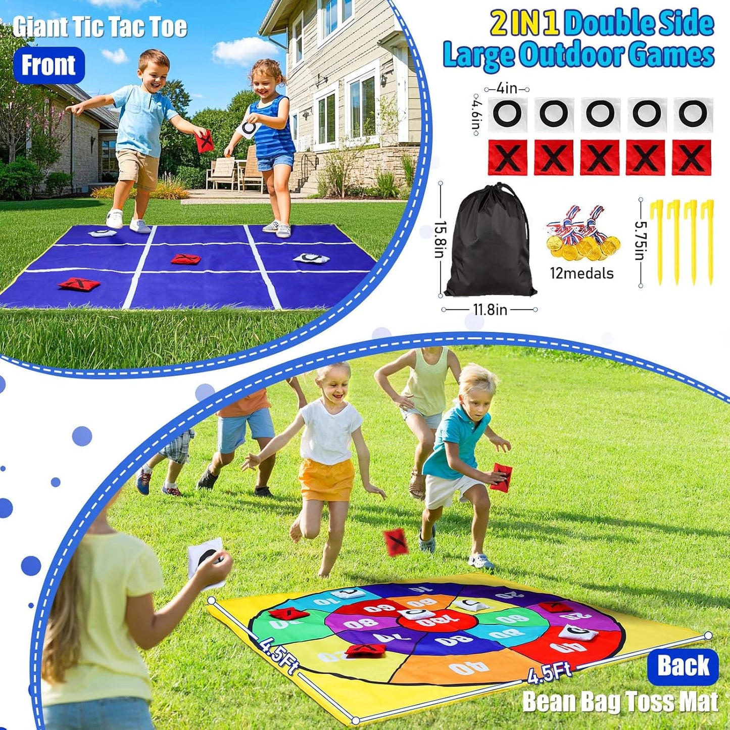 2-in-1 Outdoor Giant Tic Tac Toe Bean Bag Toss Games for Kids Adults, 4.5Ft Double-Sided Large Outside Lawn Yard Backyard Carnival Field Day Beach Picnic Camping Birthday Party Family Reunion Game