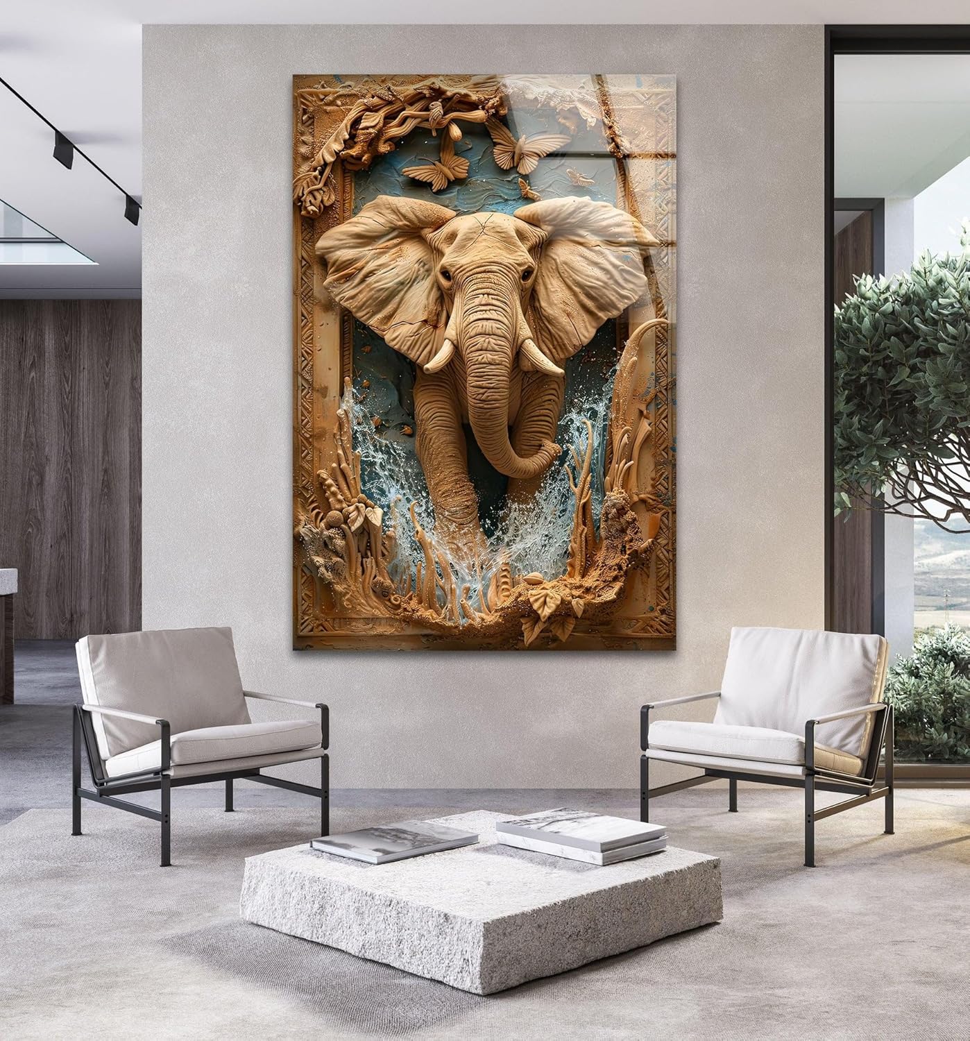 My Photostation.com 27Wx43H'' Elephant Carving Glass Wall Art Tempered Glass Printing Wall Decor Large Wall Art Wall Hangings