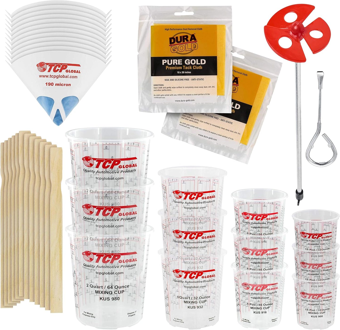 Pouring Masters Ultimate Paint Mixing Cup Kit - 12 Plastic Graduated Mixing Cups, 3 Each of 12, 24, 44, 72 Ounce Sizes - 12 Mixing Sticks, 12 Paint Strainers, 2 Tack Cloths, Mixer Blade, Can Opener