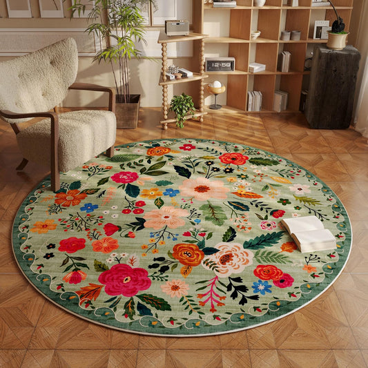 Rugcomf Round Rug 6ft Washable Circle Rug Non Slip Low Pile Boho Floral Small Circular Rug for Bedroom, Bathroom, Entryway, Kids Room, Office, College Dorm(Green)