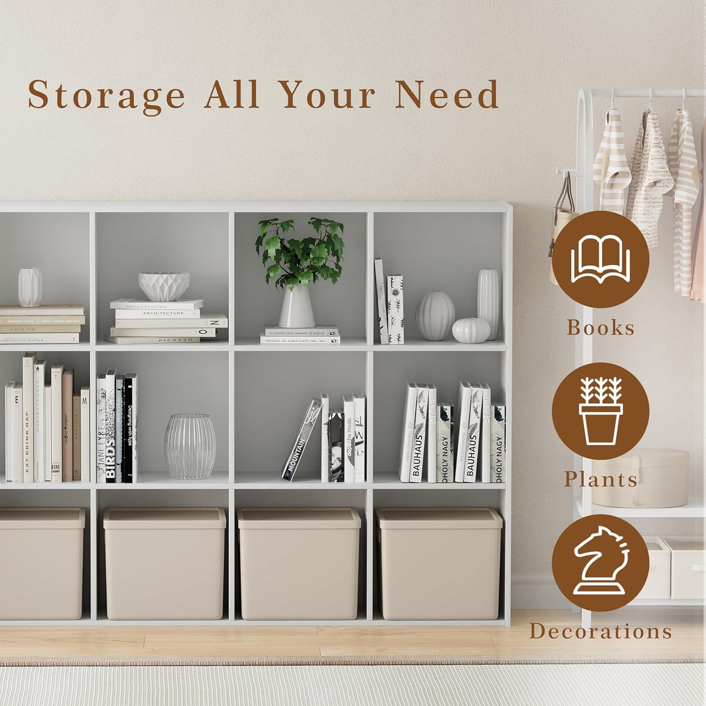 Wooden Cube Storage Organizer with Closed Back Panel, 11in Cube Shelf Opening, Bookshelf, Display Shelf,Closet Cabinet for Home and Office (Embossed White, 12-Cube 35.98L*9.45W*47.72H)
