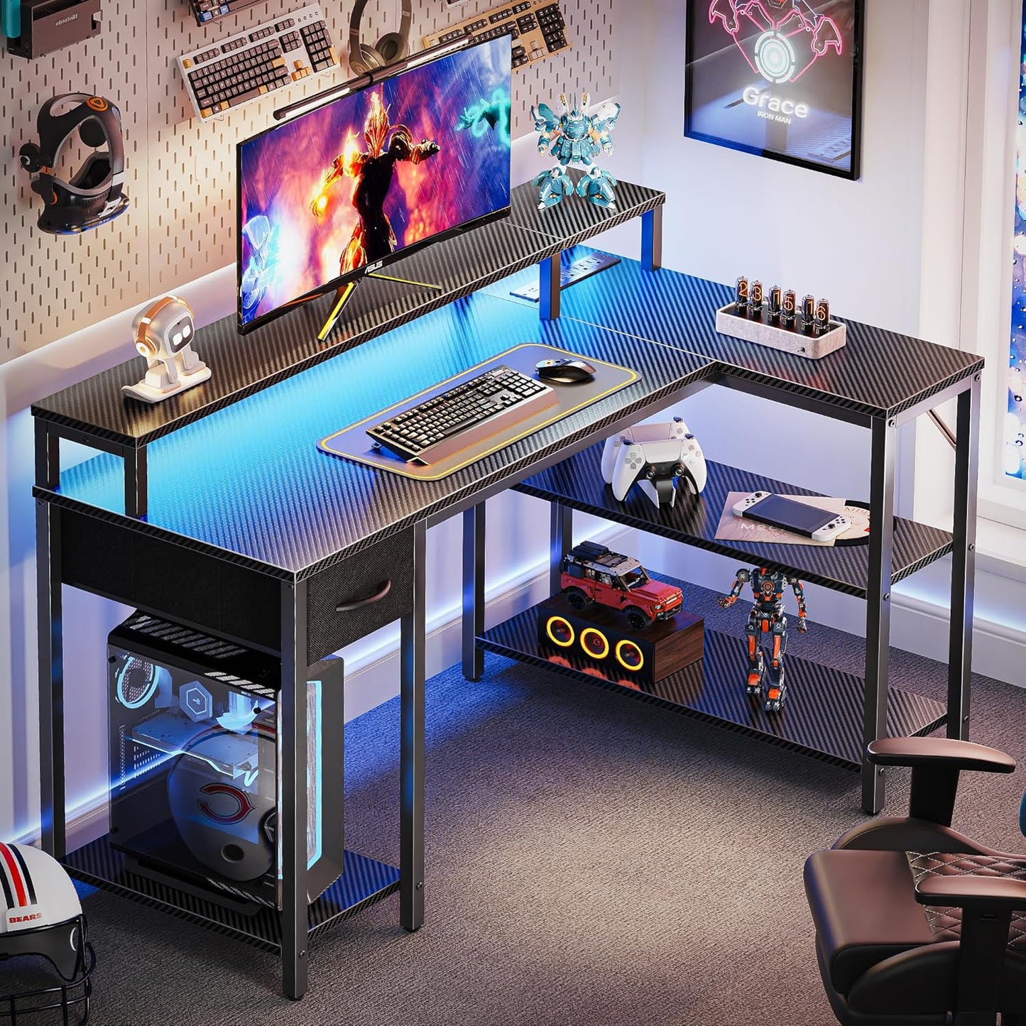 SUPERJARE 47 inch Reversible L Shaped Desk with LED Lights & Power Outlets, Computer Desk with Shelves & Monitor Stand, Gaming Desk with Drawer, Home Office Desk Corner Desk, Carbon Fiber Black