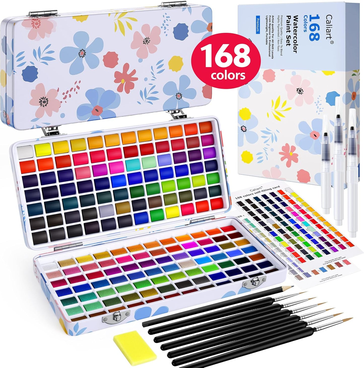Caliart Watercolor Paint Set, 168 Colors Portable Travel Water Color Palette Kit with Detail Painting Brush, Art Supplies Christmas Gifts for Artists Adults Painters Beginners
