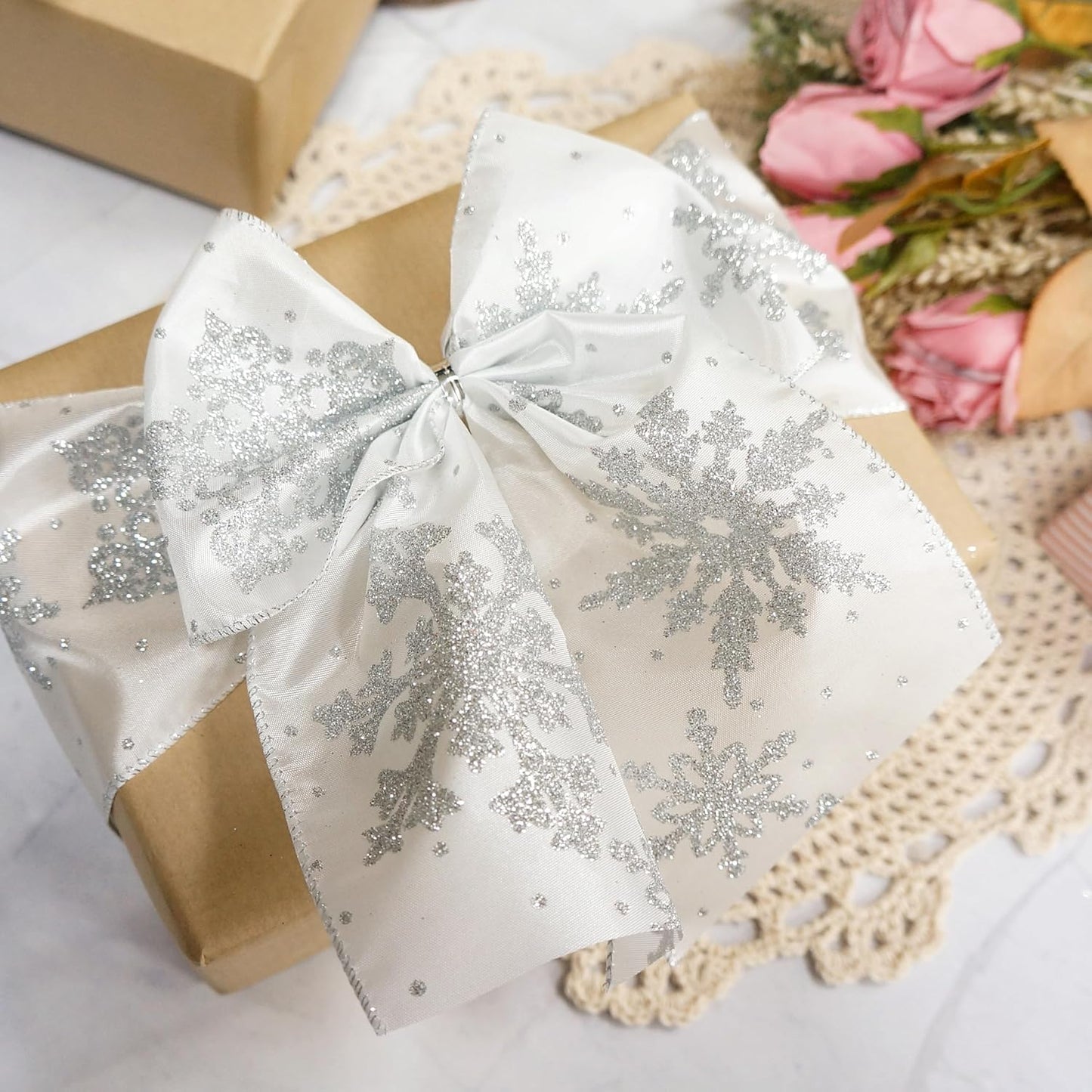 CT CRAFT LLC White Satin with Silver Snowflake Wired Ribbon 4 Inch x 10 Yards for Christmas Home Decor Tree Topper Bow Gift Wrapping DIY Crafts Wreath Garland