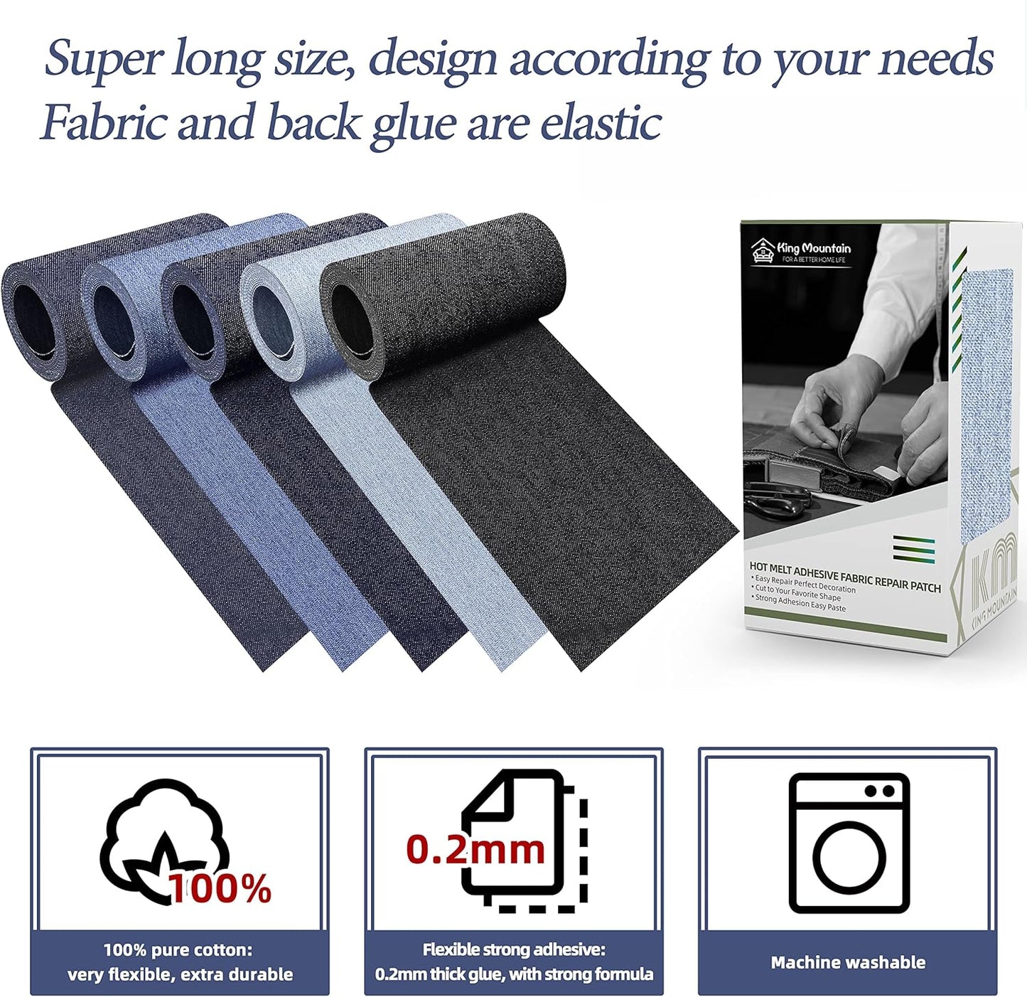 KING MOUNTAIN Iron-on Repair Patch,3"x60"100% Cotton Denim Iron-on Repair Patch, Jeans and Clothing Repair and Decoration Kit (Light Blue)