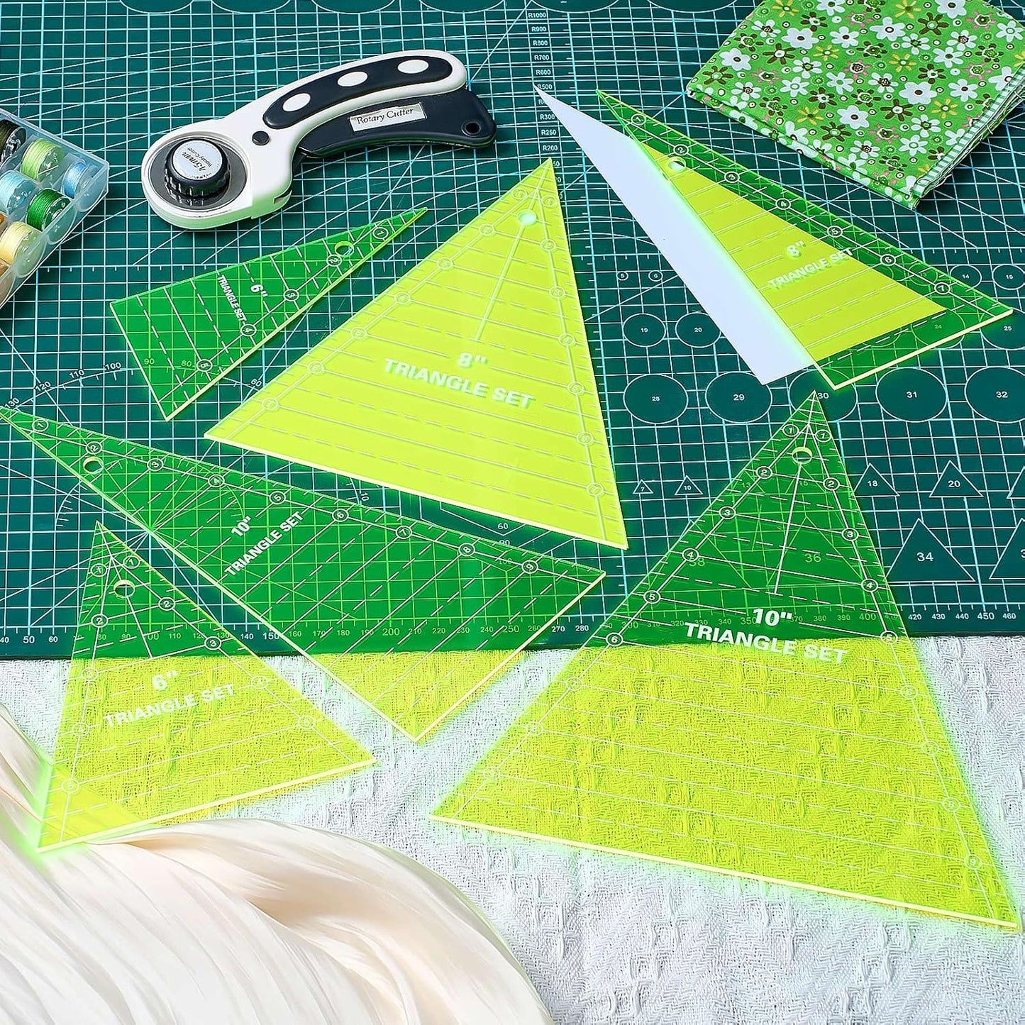 Kigley 3 Set Tall Triangle Rulers for Quilting 6 8 10 Inch Wedge Triangle & Wing Quilting Rulers and Templates Acrylic Quilt Templates for Sewing Layer Cake Patchwork Cutting Pattern DIY Craft (Green)