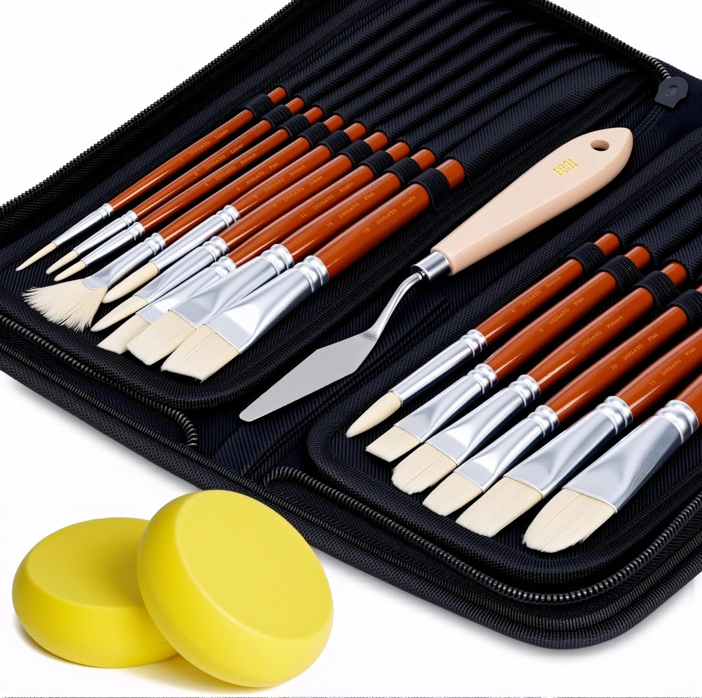 DUGATO Artist Paint Brush Set (15pc) - Short Handle Hog Bristle Brushes for Oil, Acrylic, Gouache, Watercolor - Includes Pop-Up Case, Palette Knife & Sponges - Professional Art Supplies