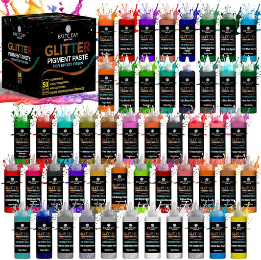 50 Color Glitter Pigment Paste for Epoxy Resin, Mica Metallic Resin Pigment Set, Epoxy Dye Paste & High Concentration Mica Powder for Epoxy Art, Jewelry, Tumblers, Coasters & Crafts