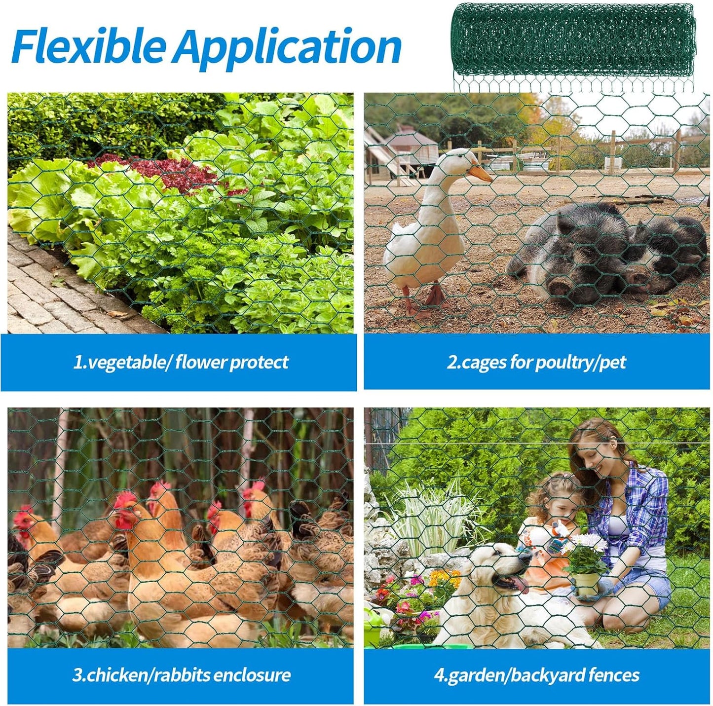 24'' x 150' Green Chicken Wire Fencing, 1 inch Chicken Wire and 20 Gauge Poultry Netting, Garden Mesh Fence Roll for Floral Arrangements/Crafts/Farm/Livestock/Pet Protection