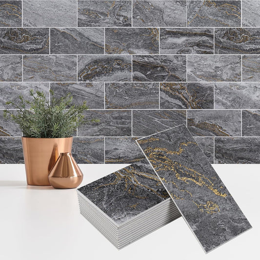 4 Pieces Peel and Stick Backsplash for Kitchen, 3" x 6" PVC Subway Tile 2025 Upgraded Gray-Gold Stone Backsplash Stick on Tile Elevate Kitchen Fireplace RV