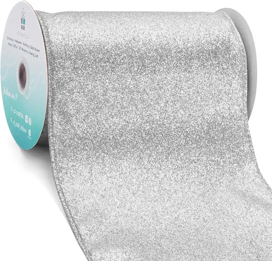 CT CRAFT LLC Glitter Wired Ribbon 6" x 10 Yards Silver for Christmas Home Decor Bow Gift Wrapping DIY Crafts Wreath