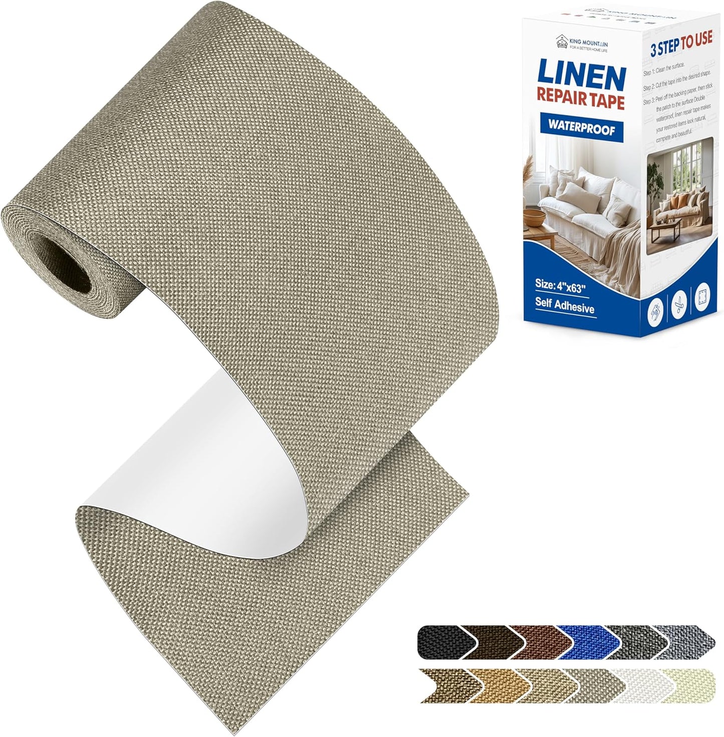 KING MOUNTAIN Linen Repair Patches, Self-Adhesive Linen Fabric Patches, 4 X 63 inch Extra Size, Multi Color, Can be Used for Linen Sofa Repair and Linen Clothes Repair（Khaki1.0