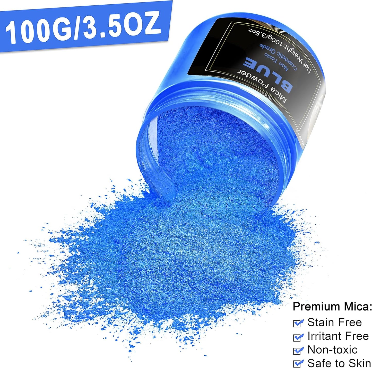 Blue Mica Powder Pigment (100g) -Cosmetic Grade Metallic Mica Powder for Epoxy Resin, Lip Gloss, Soap,Candle Making, Bath Bombs,Tumblers, Jewelry, Dyes, and DIY Crafting Projects(Blue, 3.5oz)